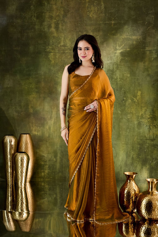 Gold Solid with Lace Work Silk Blend Ready to Wear Saree (ACA9540)