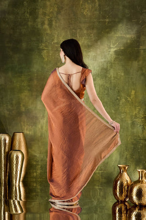 Brown Solid with Lace Work Silk Blend Ready to Wear Saree (ACA9541)