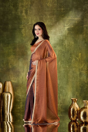 Brown Solid with Lace Work Silk Blend Ready to Wear Saree (ACA9541)