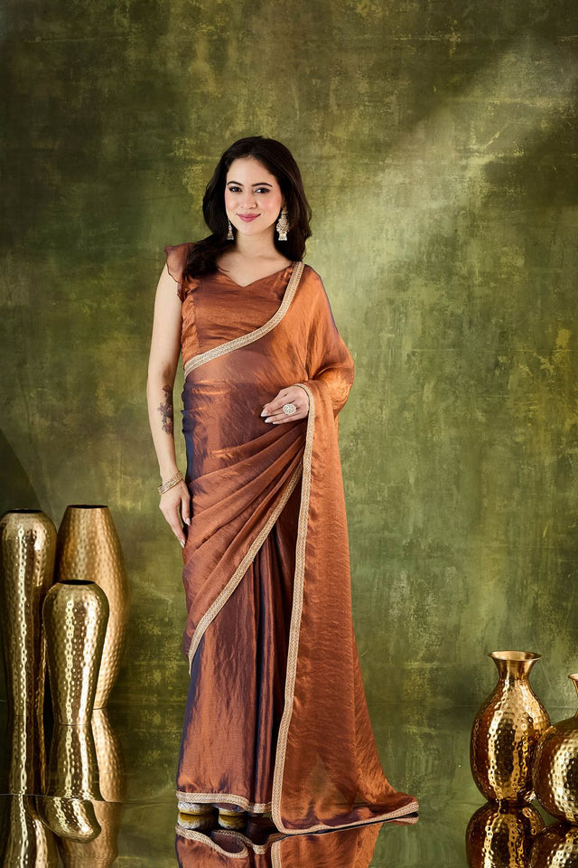 Brown Solid with Lace Work Silk Blend Ready to Wear Saree (ACA9541)