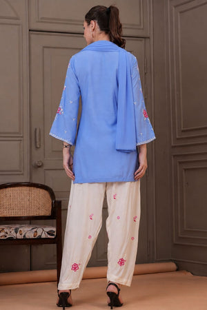 Blue Floral Embroidered Cotton Kurti Palazzo Set (ACA9542)