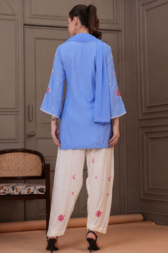 Blue Floral Embroidered Cotton Kurti Palazzo Set (ACA9542)