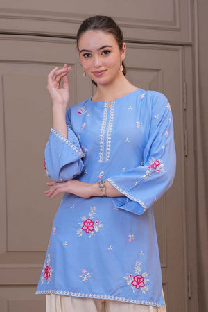 Blue Floral Embroidered Cotton Kurti Palazzo Set (ACA9542)