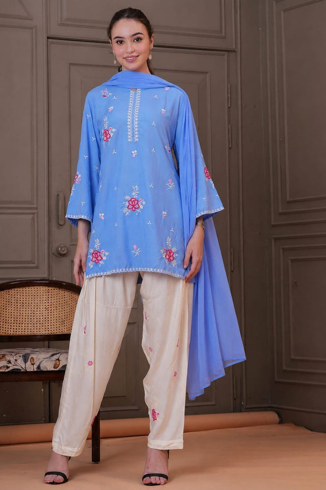 Blue Floral Embroidered Cotton Kurti Palazzo Set (ACA9542)