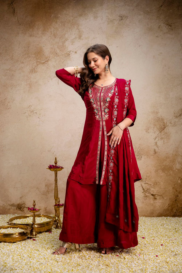 Maroon Floral Embroidered Chanderi Palazzo Suit (ACA9543)
