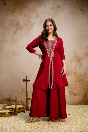 Maroon Floral Embroidered Chanderi Palazzo Suit (ACA9543)