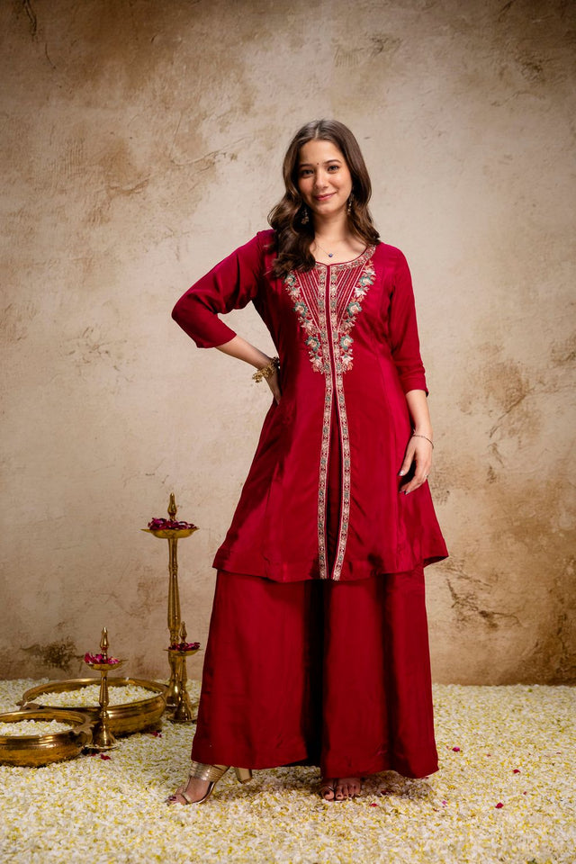 Maroon Floral Embroidered Chanderi Palazzo Suit (ACA9543)