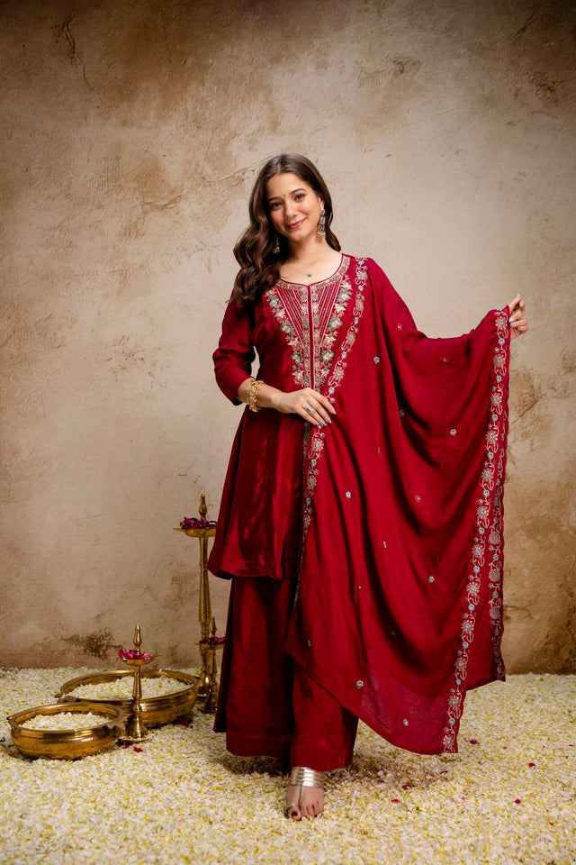 Maroon Floral Embroidered Chanderi Palazzo Suit (ACA9543)
