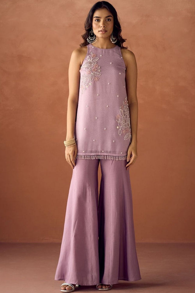 Pink Beads Embossed Organza Sharara Suit (ACA9544)