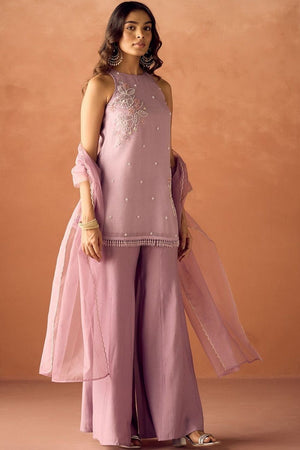 Pink Beads Embossed Organza Sharara Suit (ACA9544)