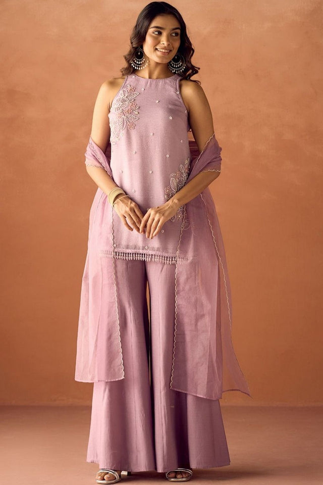 Pink Beads Embossed Organza Sharara Suit (ACA9544)