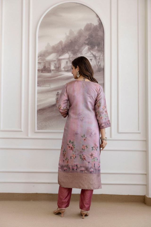 Pink Embroidered Viscose Kurti Pant Set (ACA9545)