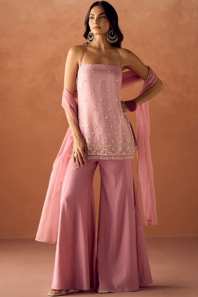 Pink Embroidered Organza Sharara Suit (ACA9546)