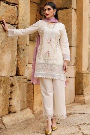Cream Floral Embroidered Cotton Straight Cut Suit (ACA9547)