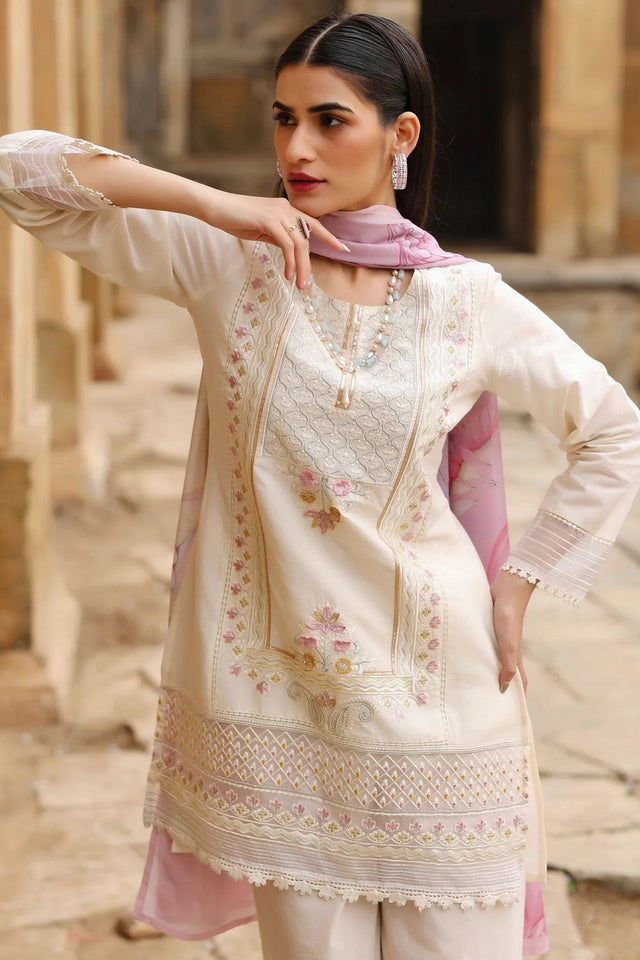 Cream Floral Embroidered Cotton Straight Cut Suit (ACA9547)