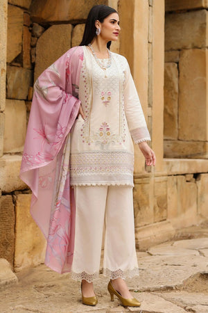 Cream Floral Embroidered Cotton Straight Cut Suit (ACA9547)