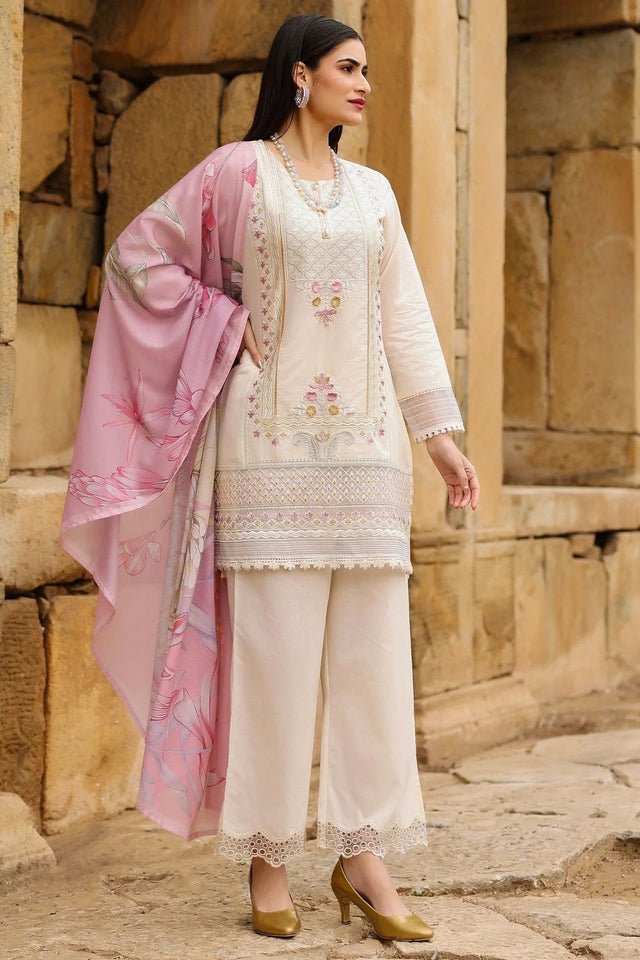 Cream Floral Embroidered Cotton Straight Cut Suit (ACA9547)