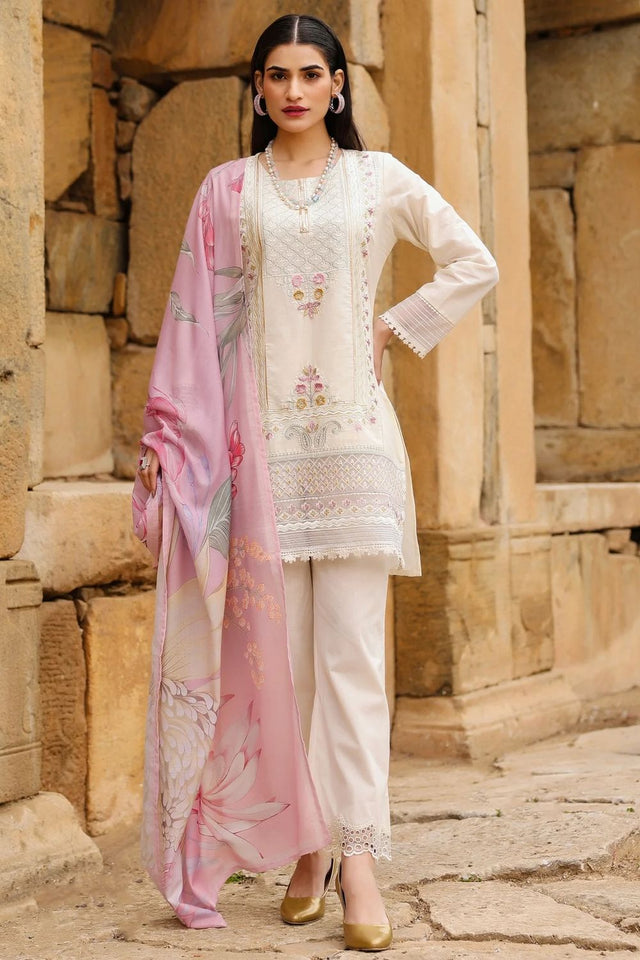Cream Floral Embroidered Cotton Straight Cut Suit (ACA9547)