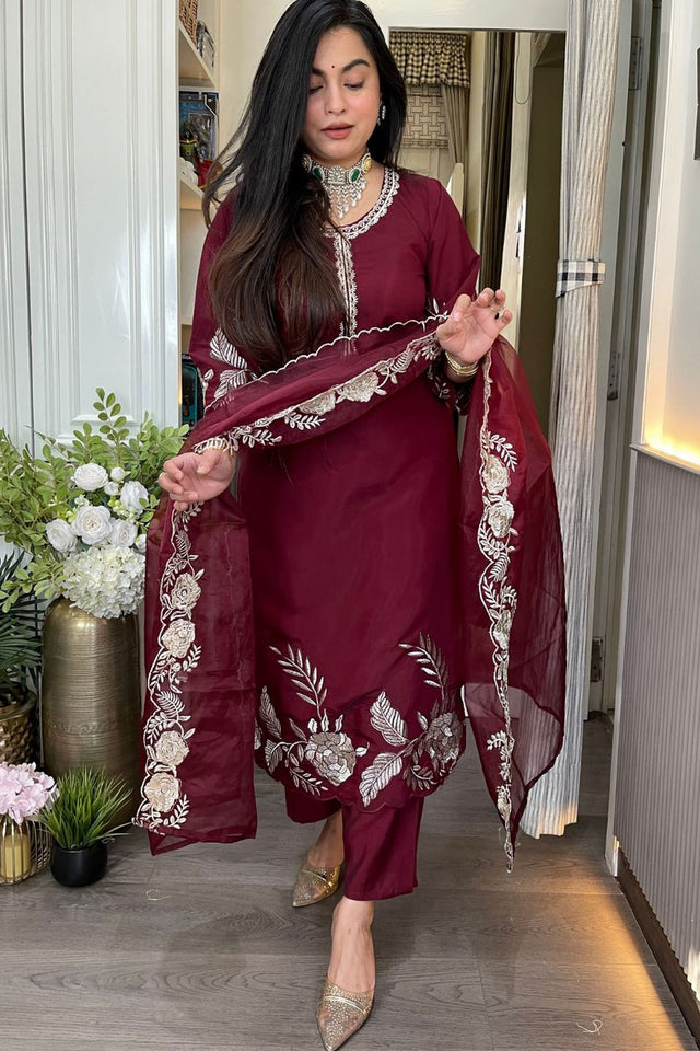 Maroon Floral Embroidered Chanderi Straight Cut Suit (ACA9548)
