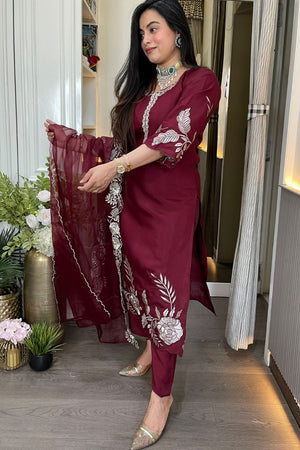Maroon Floral Embroidered Chanderi Straight Cut Suit (ACA9548)