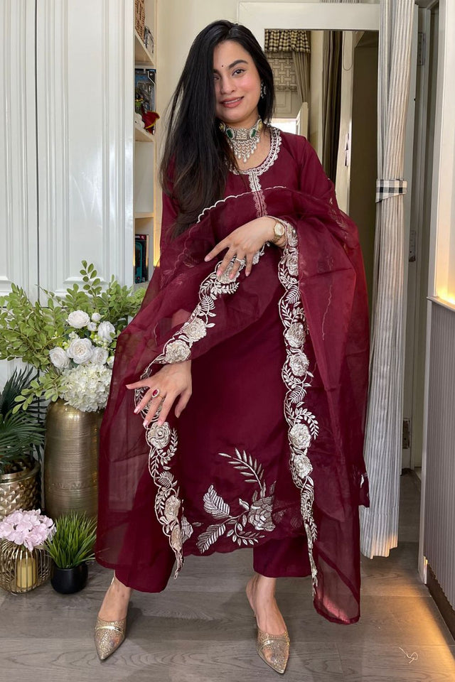 Maroon Floral Embroidered Chanderi Straight Cut Suit (ACA9548)