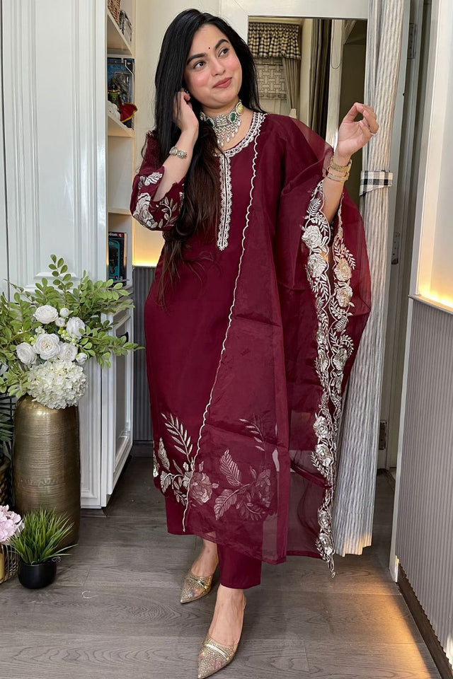 Maroon Floral Embroidered Chanderi Straight Cut Suit (ACA9548)