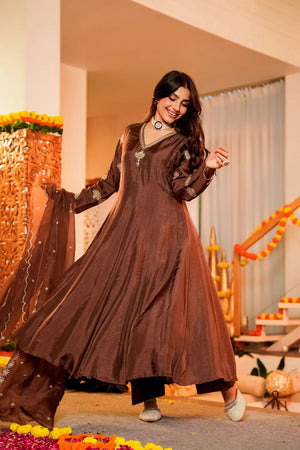 Brown Embroidered Organza Anarkali Suit (ACA9549)