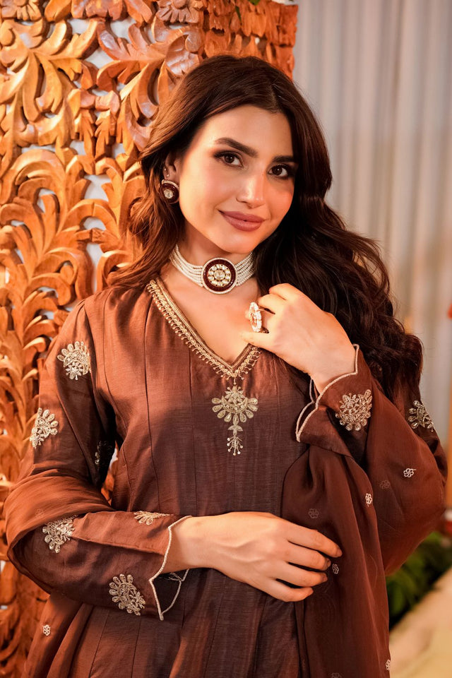 Brown Embroidered Organza Anarkali Suit (ACA9549)