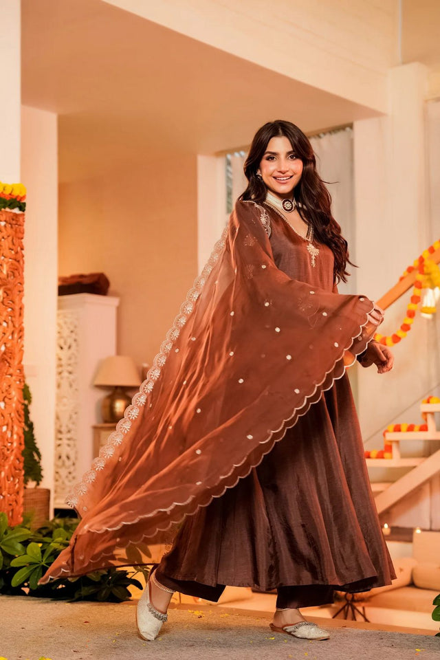 Brown Embroidered Organza Anarkali Suit (ACA9549)