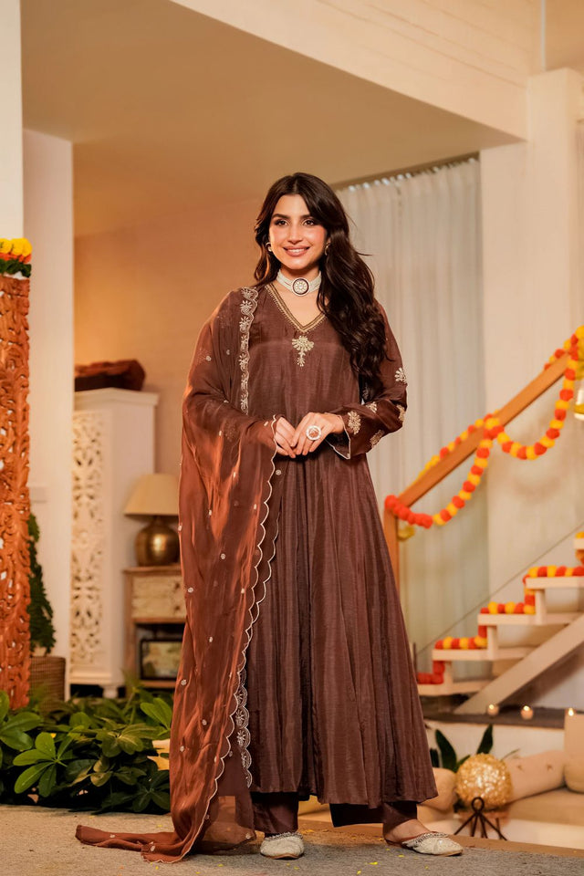 Brown Embroidered Organza Anarkali Suit (ACA9549)