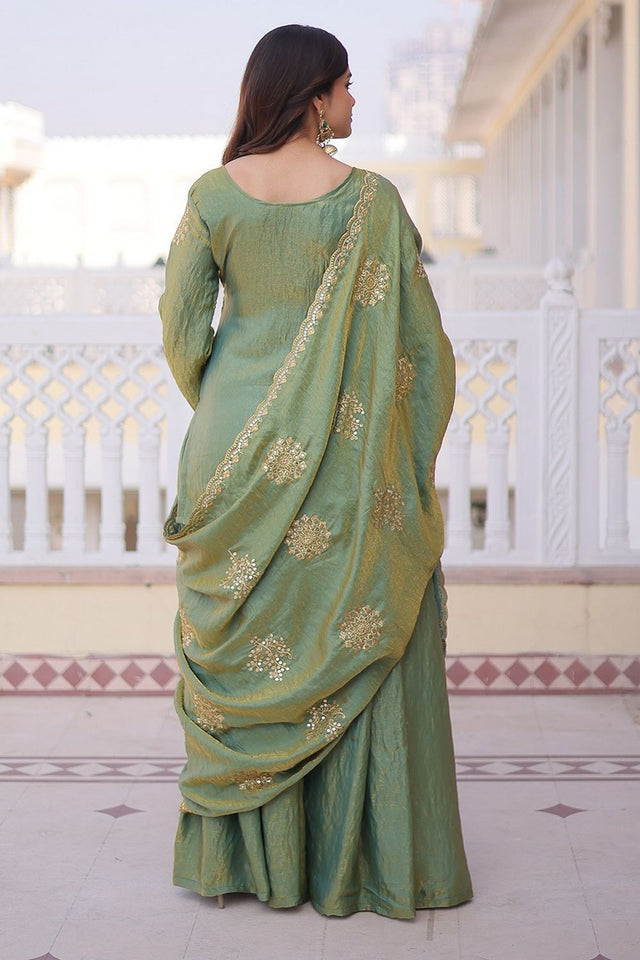Green Sequin with Embroidered Organza Sharara Suit (ACA9550)