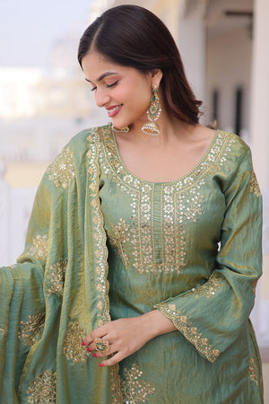Green Sequin with Embroidered Organza Sharara Suit (ACA9550)