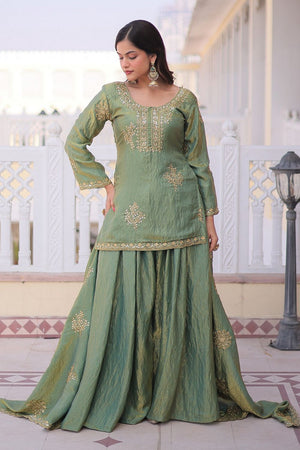 Green Sequin with Embroidered Organza Sharara Suit (ACA9550)