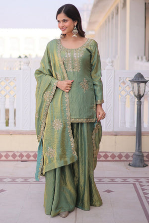 Green Sequin with Embroidered Organza Sharara Suit (ACA9550)