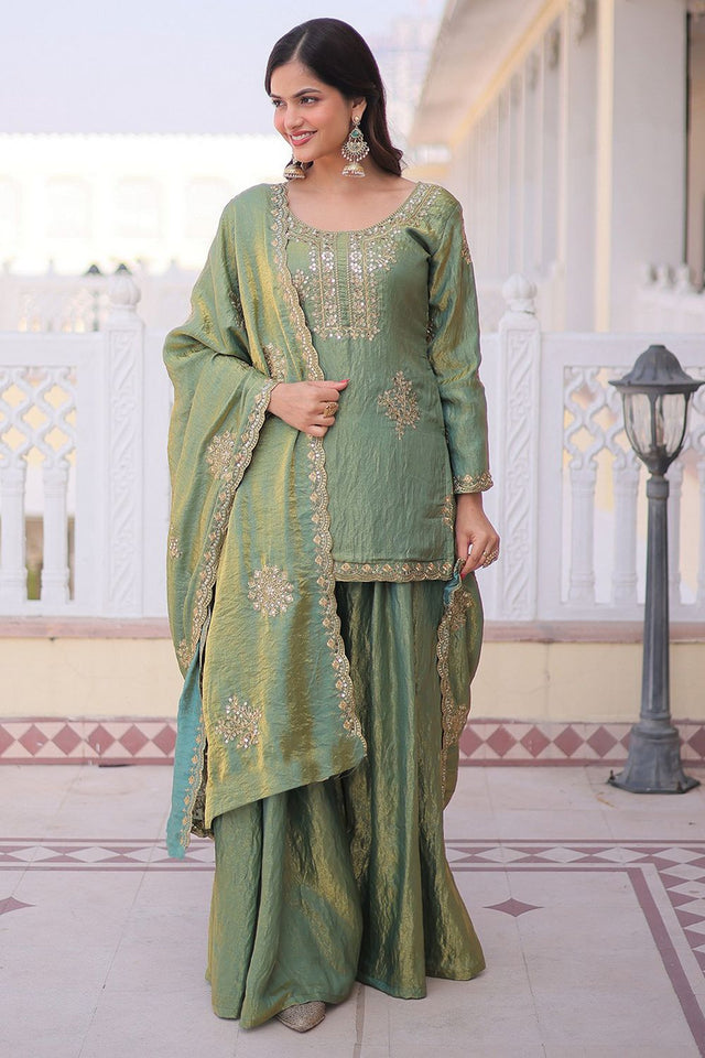 Green Sequin with Embroidered Organza Sharara Suit (ACA9550)