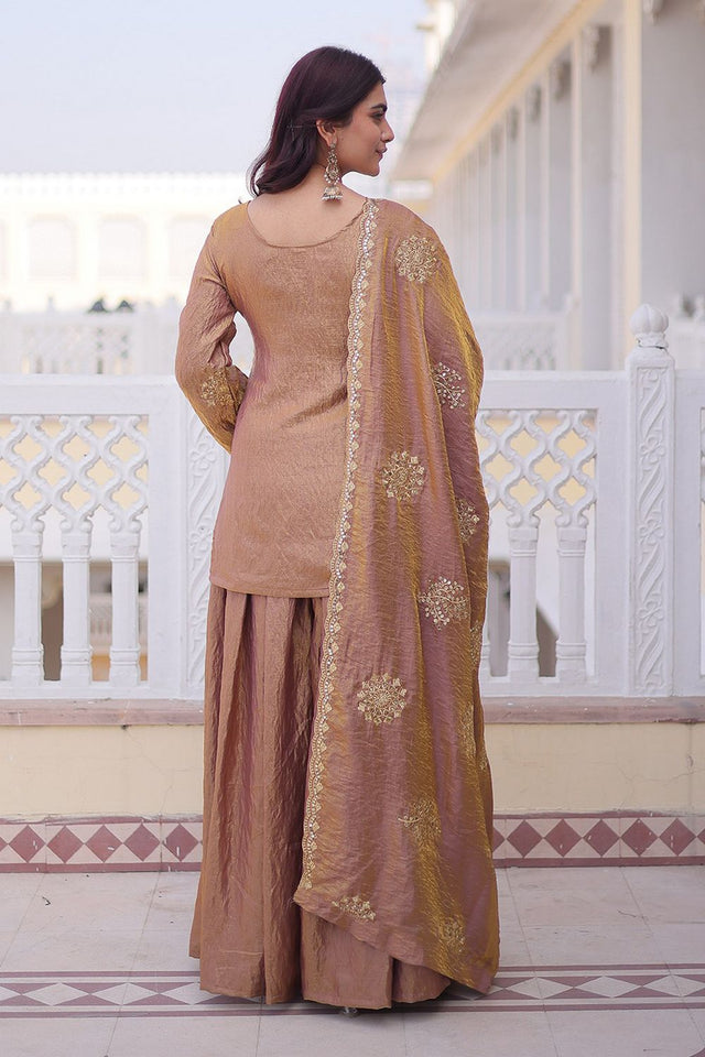 Peach Sequin with Embroidered Organza Sharara Suit (ACA9551)