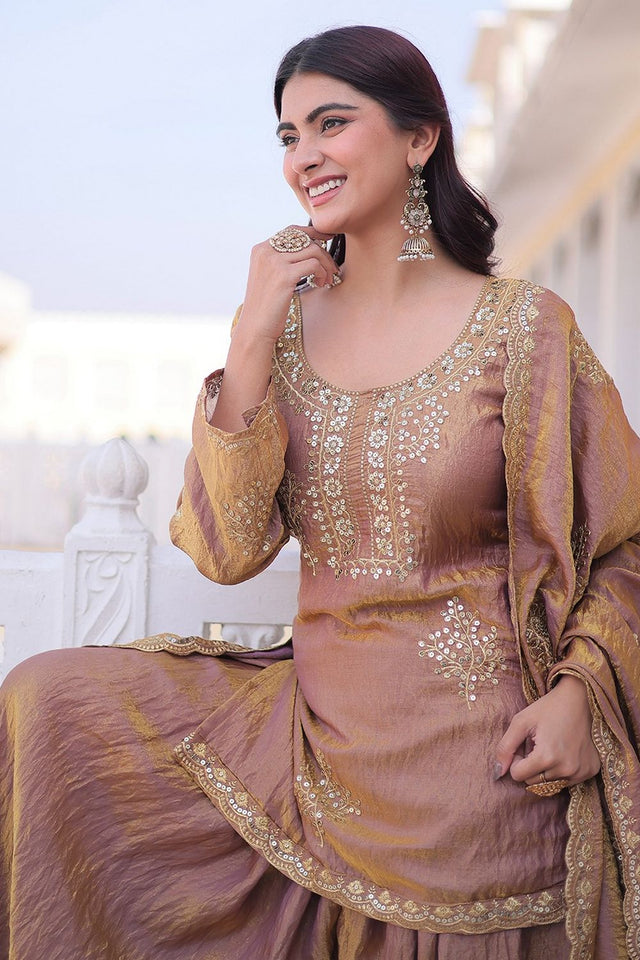 Peach Sequin with Embroidered Organza Sharara Suit (ACA9551)