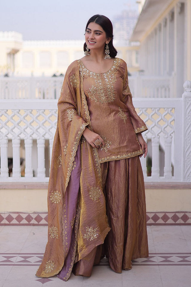 Peach Sequin with Embroidered Organza Sharara Suit (ACA9551)