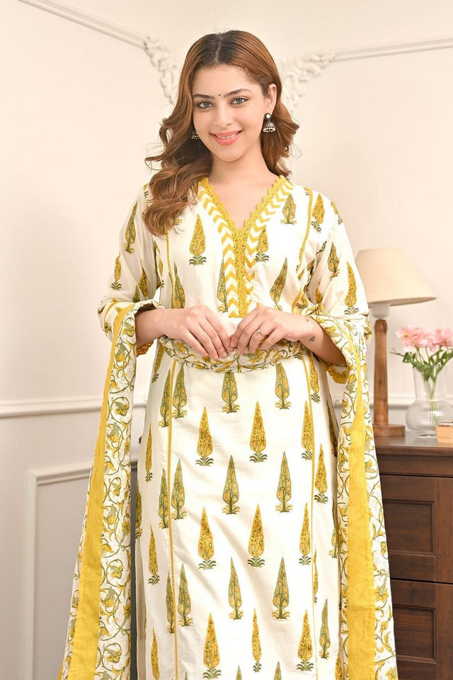 Yellow Printed Cotton Kurti Pant Set (ACA9552)