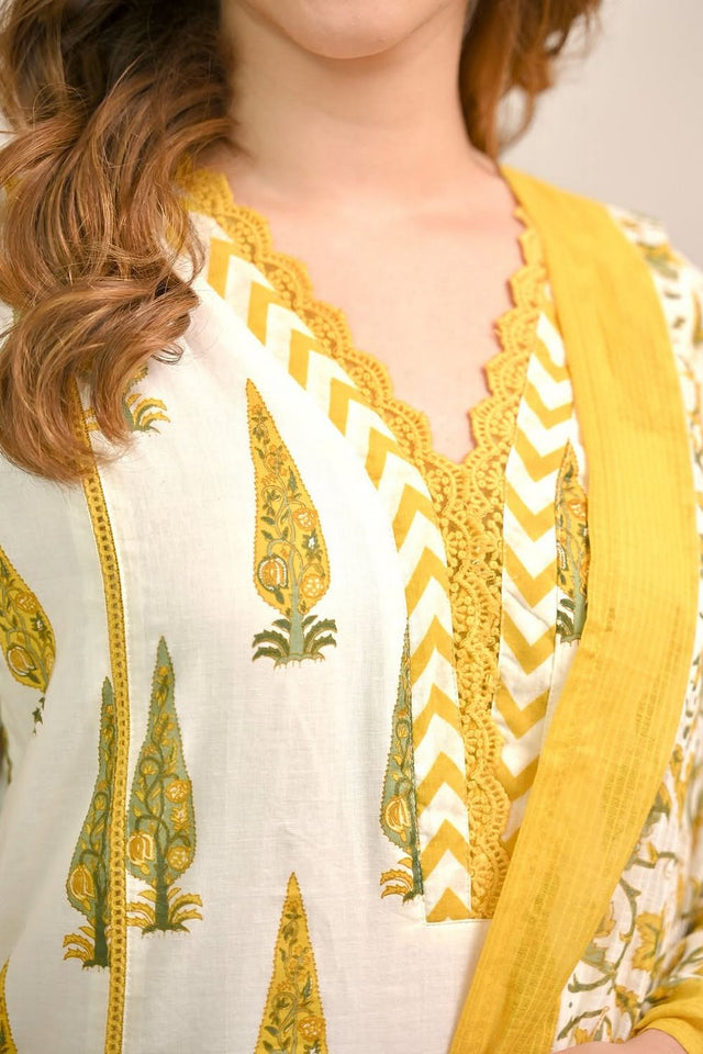 Yellow Printed Cotton Kurti Pant Set (ACA9552)