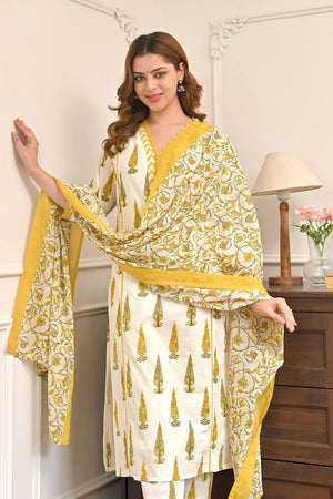 Yellow Printed Cotton Kurti Pant Set (ACA9552)