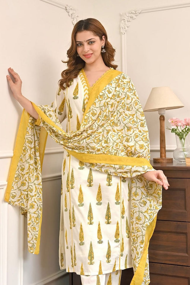 Yellow Printed Cotton Kurti Pant Set (ACA9552)