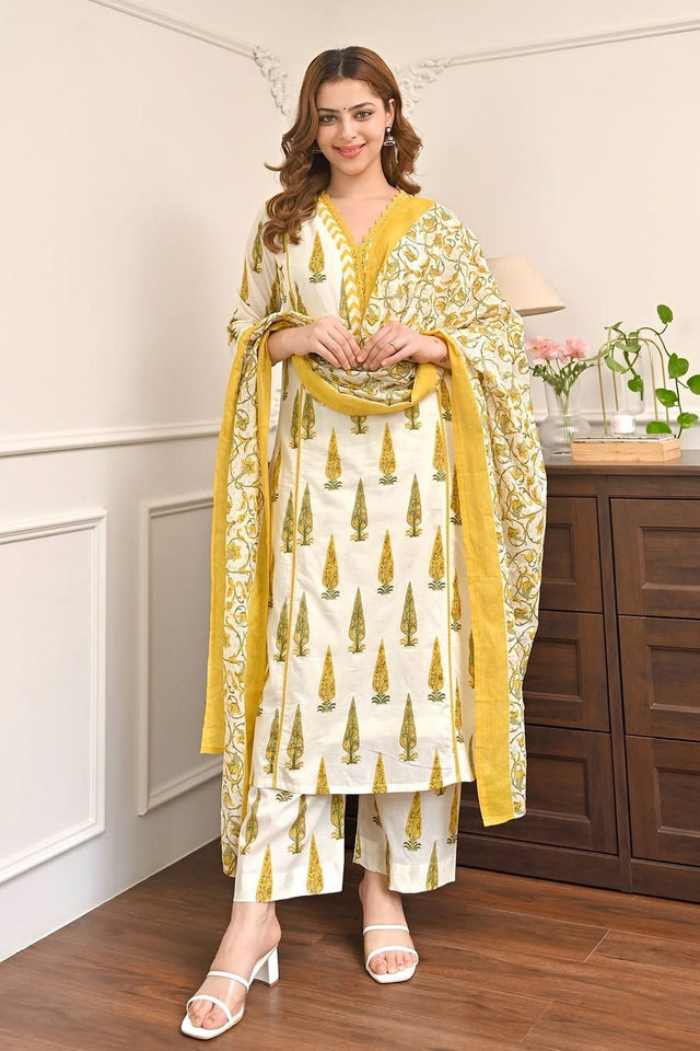 Yellow Printed Cotton Kurti Pant Set (ACA9552)