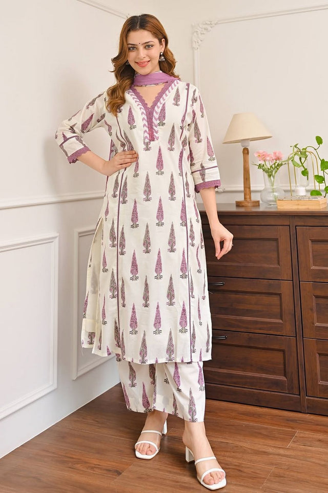 Purple Printed Cotton Kurti Pant Set (ACA9553)