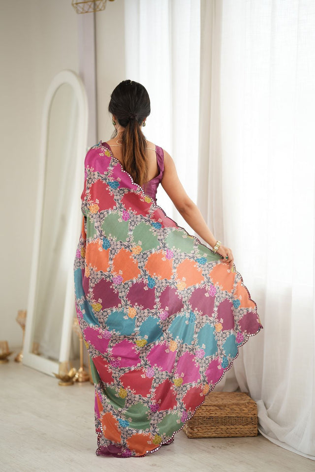 Multi Color Floral Printed with Mirror Border Chinon Saree (ACA9554)
