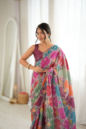 Multi Color Floral Printed with Mirror Border Chinon Saree (ACA9554)