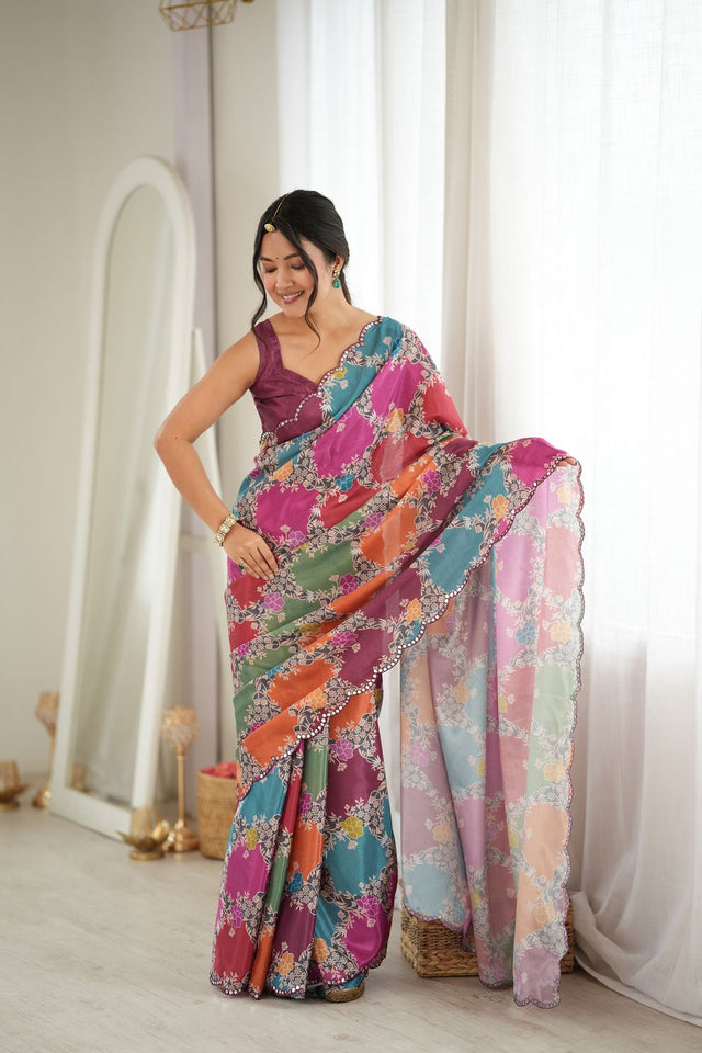Multi Color Floral Printed with Mirror Border Chinon Saree (ACA9554)