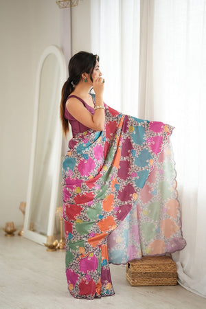 Multi Color Floral Printed with Mirror Border Chinon Saree (ACA9554)