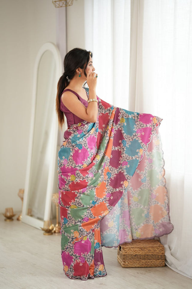 Multi Color Floral Printed with Mirror Border Chinon Saree (ACA9554)