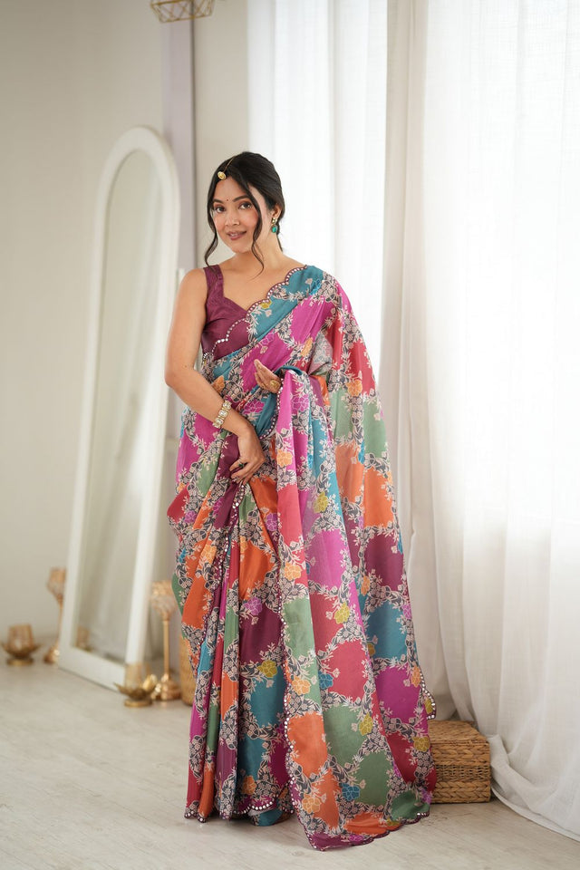 Multi Color Floral Printed with Mirror Border Chinon Saree (ACA9554)